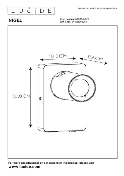 Lucide NIGEL - Bedside lamp / Wall light - LED Dim. - GU10 - 1x5W 2200K/3000K - With USB charging point - Black Steel - technical